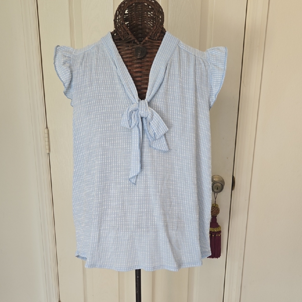 Gyft Elegant Sky Blue and White Blouse with Bow Accent